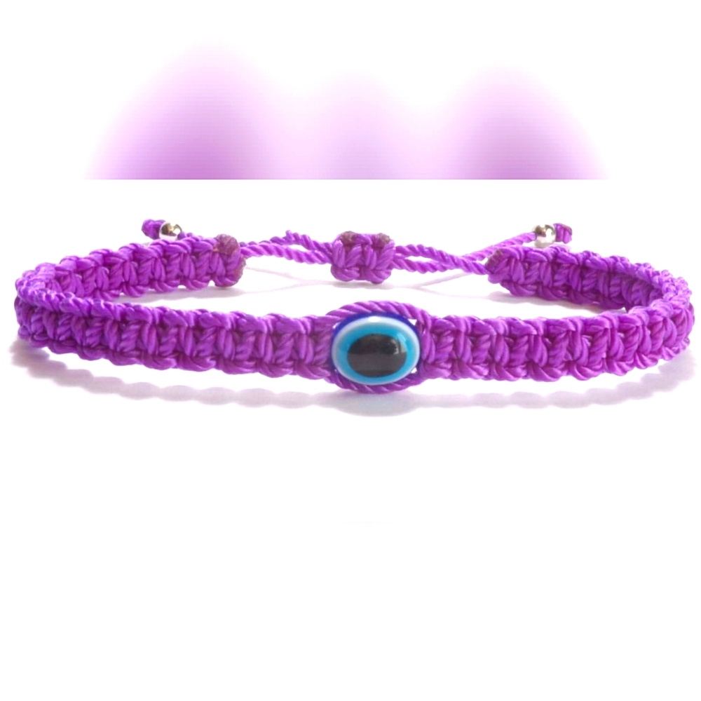 Purple evil eye bracelet, braided wristban, adjust